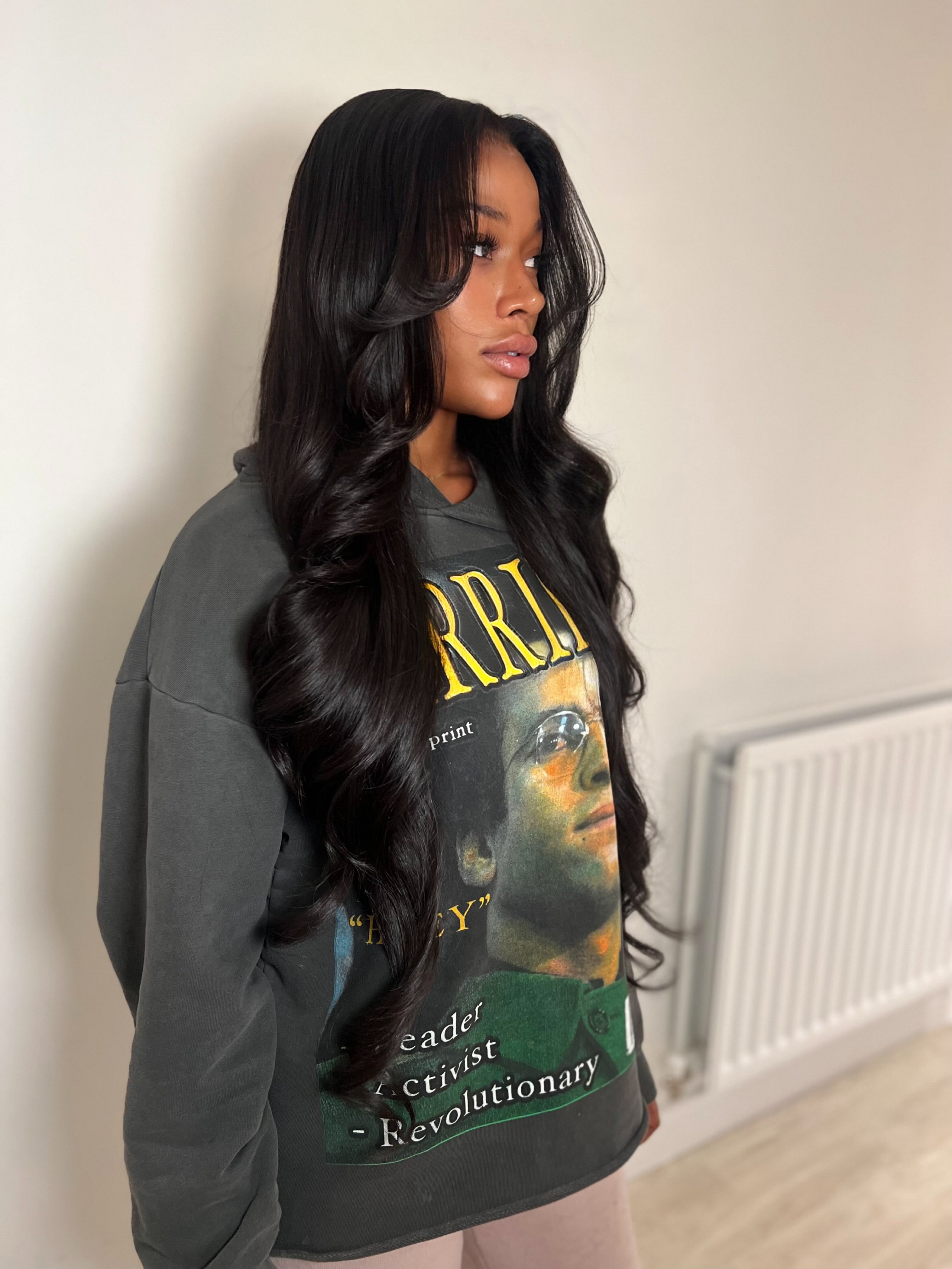 Beautiful woman with long dark wavy hair