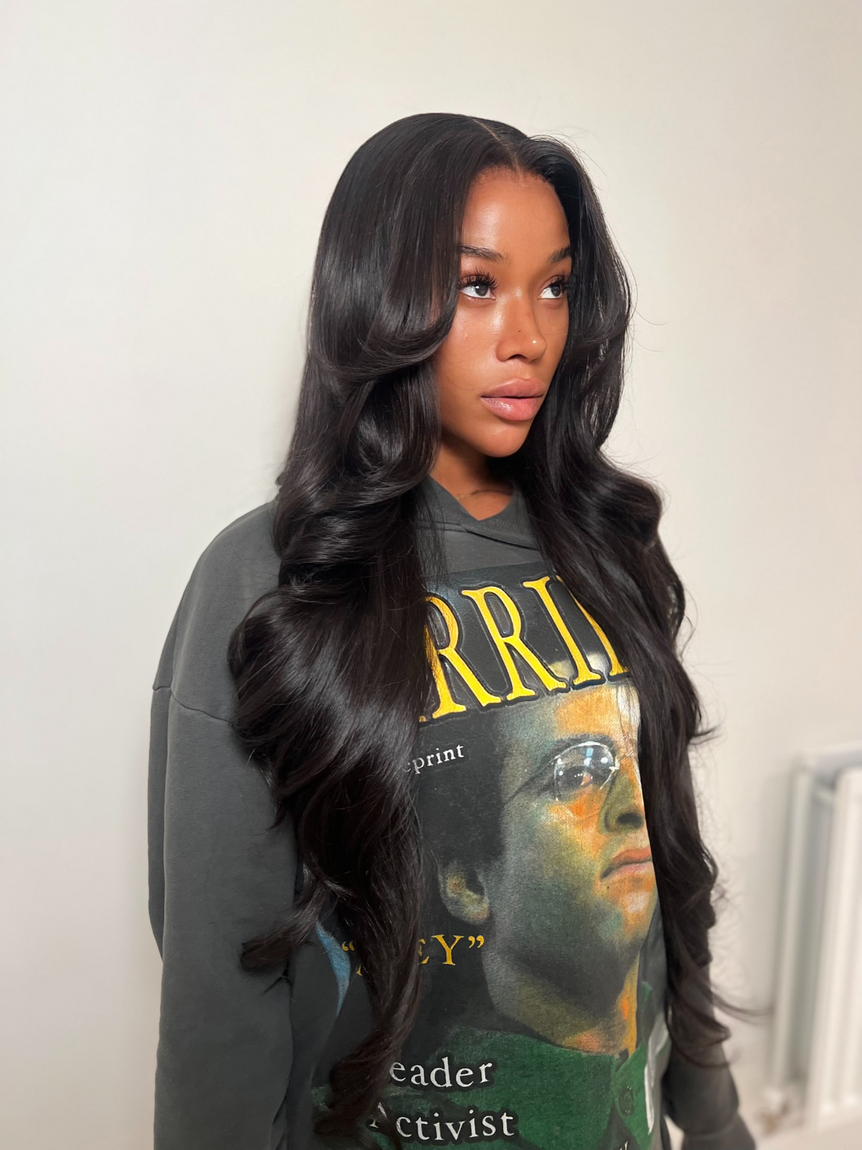 Beautiful woman with long dark wavy hair