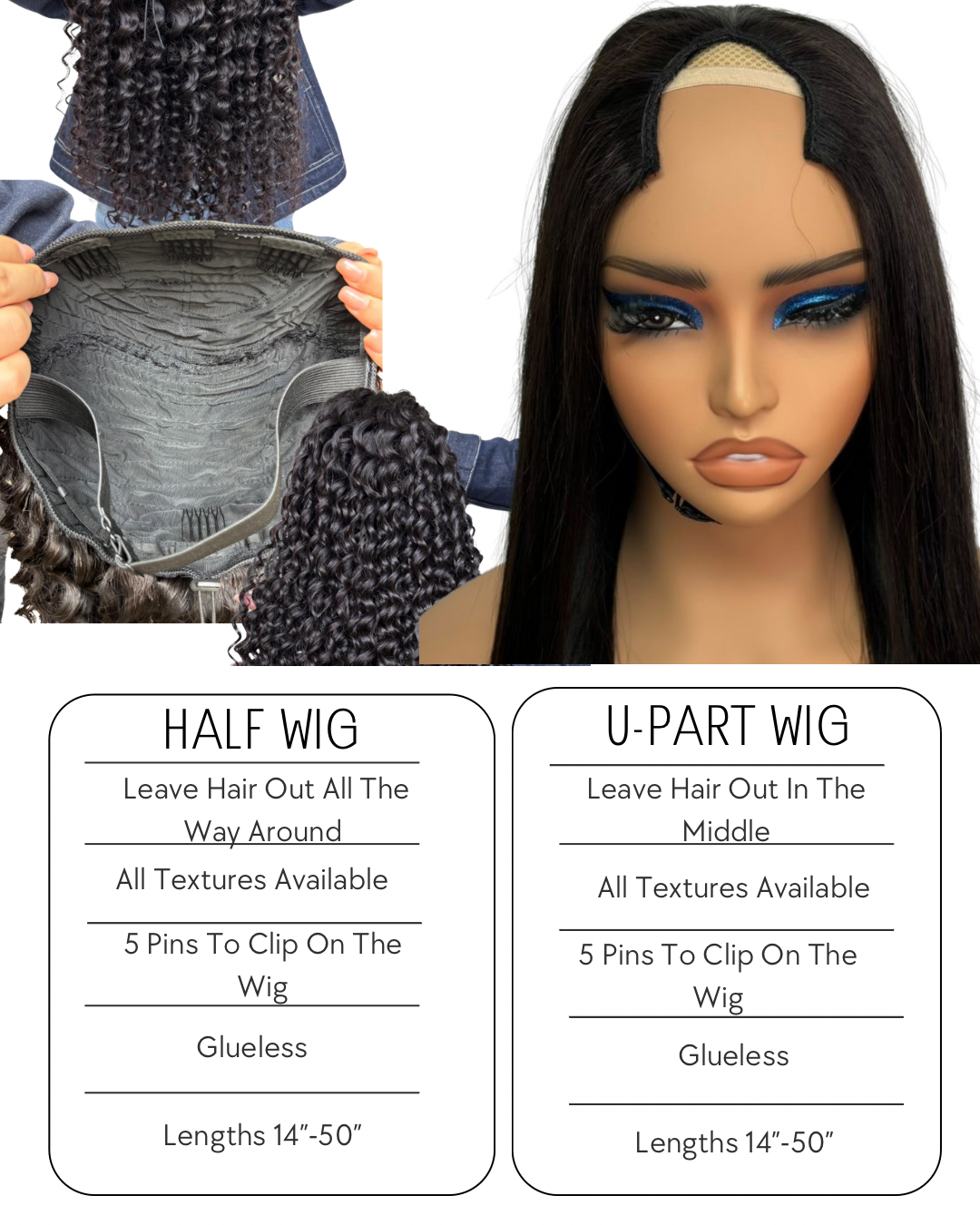 Half wig versus U-part wig comparison.